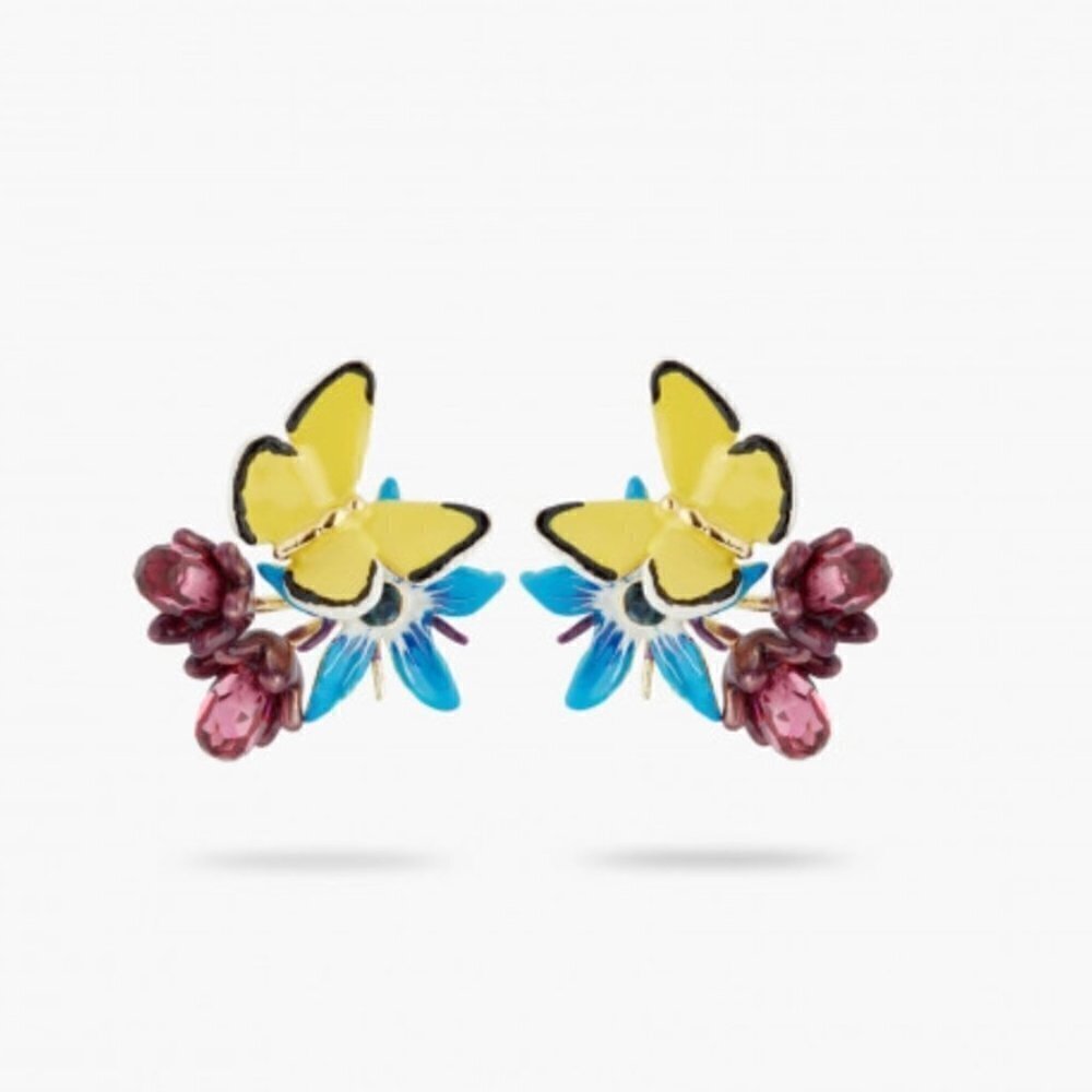 LES NEREIDES BLUE FLOWER AND YELLOW BUTTERFLY POST EARRINGS